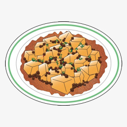 家常煎豆腐卡通手绘盘子里的食物小葱豆腐高清图片