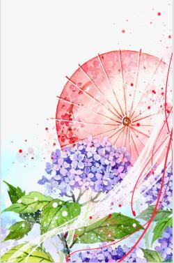 紫色水彩画油纸伞水彩画高清图片