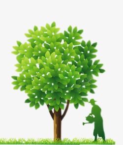 绿色人物剪影绿树浇水植树节元素素材