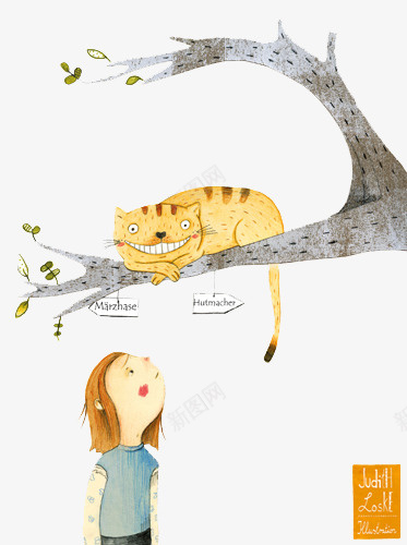 手绘看向树上的猫咪psd免抠素材_新图网 https://ixintu.com 创意插画设计 卡通贺卡封面 手绘插画