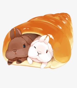 褐色兔子手绘面包中的两只小兔子高清图片
