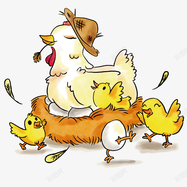 卡通鸡妈妈和小鸡png免抠素材_新图网 https://ixintu.com 卡通 可爱 小鸡 鸡妈妈 鸡生蛋 鸡窝 鸡蛋 黄色