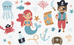 卡通红色海底背景图案卡通美人鱼海盗海底动物高清图片
