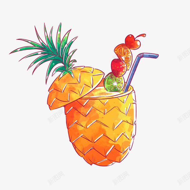 彩绘新鲜水果鸡尾酒png免抠素材_新图网 https://ixintu.com 卡通 夏季冷饮 手绘 果汁 菠萝 饮品设计
