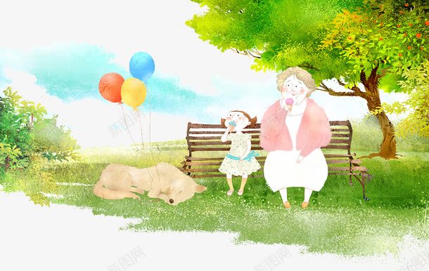 草地上坐在木椅上的奶奶与孙女png免抠素材_新图网 https://ixintu.com 公园 奶奶与孙女 木椅 气球 水彩插画 狗 草地 草地上的人