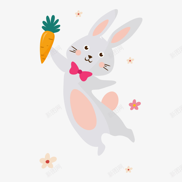 卡通快乐的兔子拿着萝卜png免抠素材_新图网 https://ixintu.com 兔子 兔子吃萝卜 兔子简笔画 动物 拿着 灰色 绘本 花朵 萝卜 蝴蝶结 跳跃 高兴