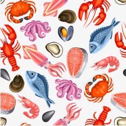 螃蟹虾贝壳海鲜卡通海鲜食物无缝背景高清图片