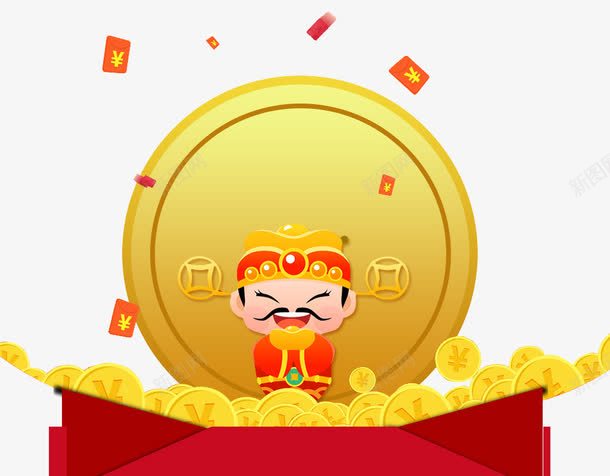 卡通财神png免抠素材_新图网 https://ixintu.com 漂浮的 红包 财神 金币