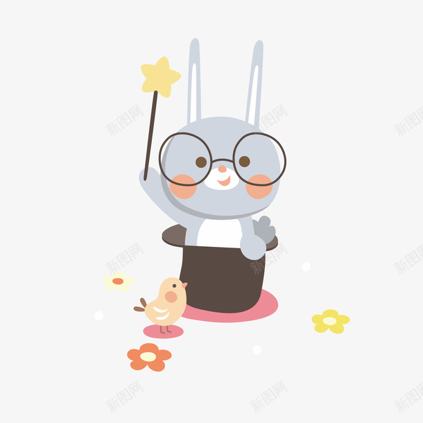 戴眼镜兔子动物手绘png免抠素材_新图网 https://ixintu.com 兔子简笔画 动物 卡通 帽子 手绘 星星 眼镜 魔术 魔术棒 鸟儿