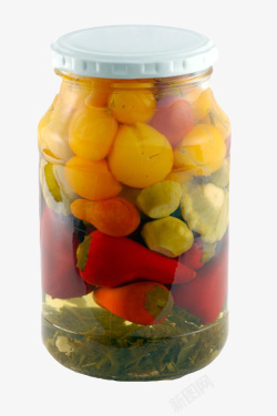 混合食物白色盖子透明玻璃罐头里的腌制混高清图片