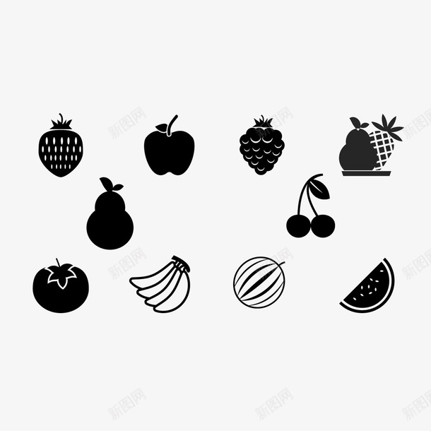 各种黑色水果小图标png_新图网 https://ixintu.com 梨 草莓 葡萄 香蕉 鸭梨