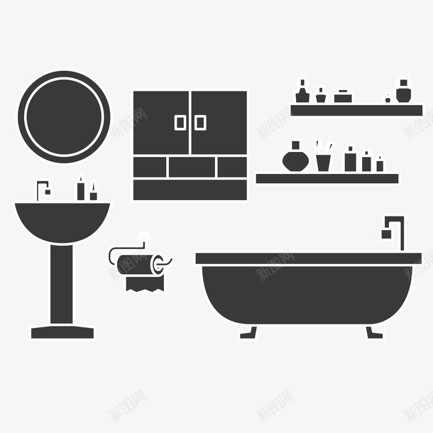 扁平化浴室矢量图ai免抠素材_新图网 https://ixintu.com 喷头 扁平 护肤用品 抽纸 柜子 洗护用品 洗脸池 浴缸 淋浴间 镜子 矢量图