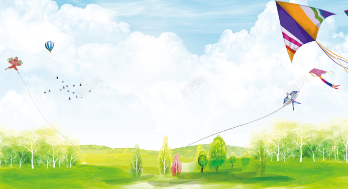 彩色手绘风景白云风筝绿色草地背景背景