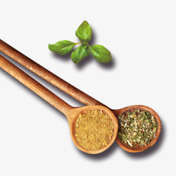 木勺里的干果木勺里的作料和绿叶高清图片