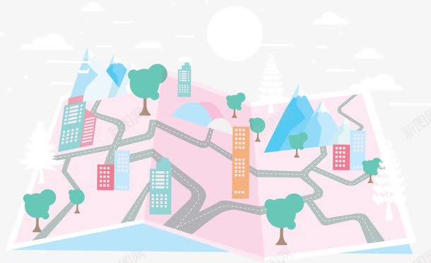 城市地图png免抠素材_新图网 https://ixintu.com 公路 卡通 城市地图 绿色小树 道路 颜色