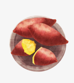 淀粉食物手绘饮食水彩木盘红薯俯视图高清图片