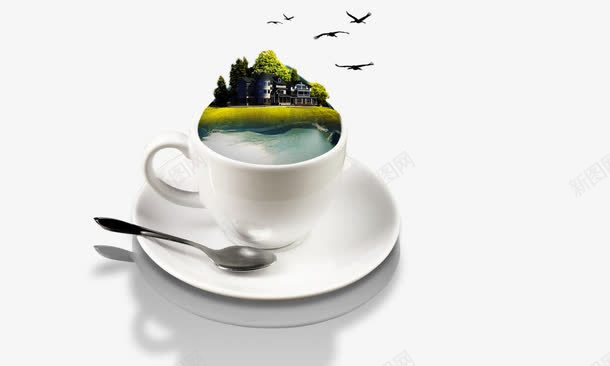 山水咖啡杯png免抠素材_新图网 https://ixintu.com 勺子 咖啡杯 山水景色