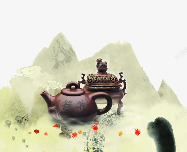 茶水png免抠素材_新图网 https://ixintu.com 山水画 水墨 茶 茶叶 茶壶