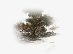 古典精美岸边树木山水墨画素素材