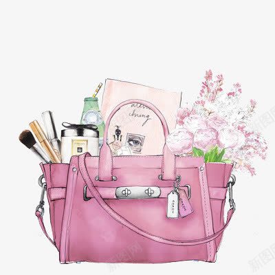 女性手提包png免抠素材_新图网 https://ixintu.com 化妆刷 小清新化妆品 手绘 水彩 粉色包包 花卉