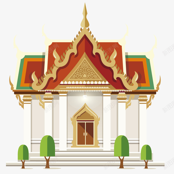 泰国建筑手绘png免抠素材_新图网 https://ixintu.com 华丽 卡通 可爱 小树 手绘 树木 红色房顶 豪华