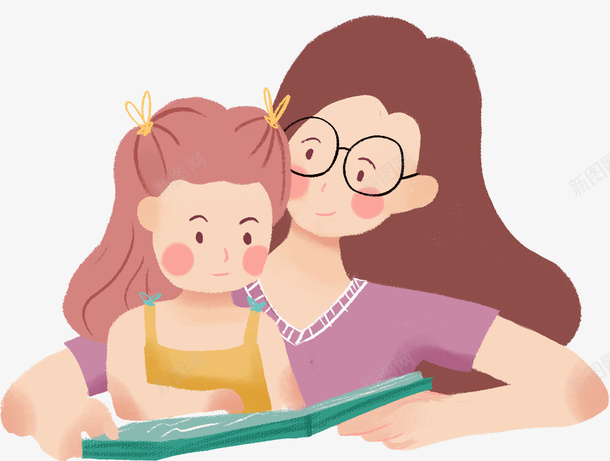 手绘可爱插图母亲节妈妈与女儿看书阅读场景免费下载 母亲节 温馨的