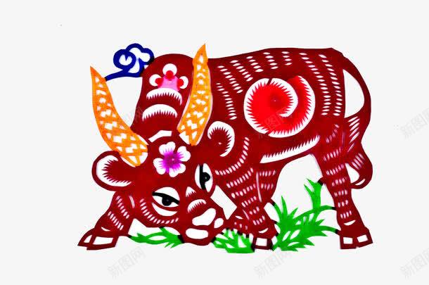 彩色剪纸动物png免抠素材_新图网 https://ixintu.com 中国风 传统文化 创意 动物 彩色剪纸 牛 牛吃草 装饰图案