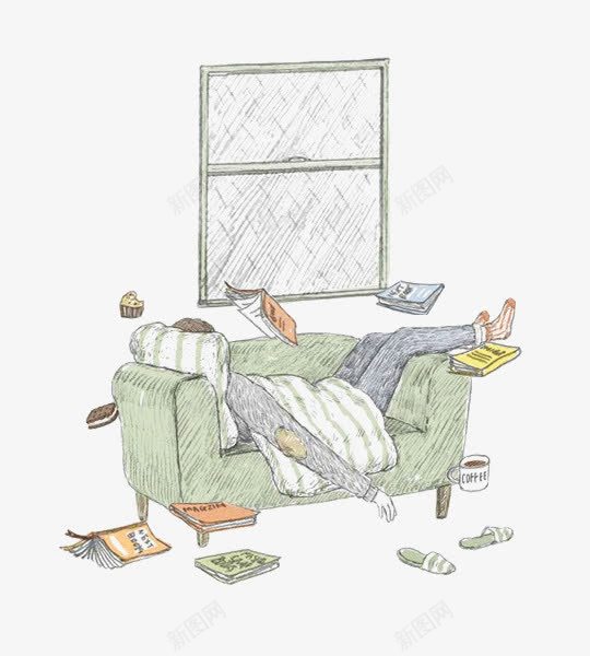 卡通人物躺在沙发上盖着被子png免抠素材_新图网 https://ixintu.com 手绘 枕头被子 窗户 绿色沙发 装饰图案