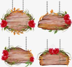 木制吊牌手绘带装饰小红花的木板招牌高清图片