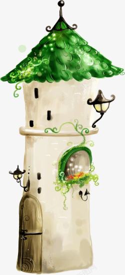 手绘绿色童话城堡素材
