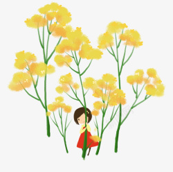 春日装饰插画黄色油菜花与小女孩素材