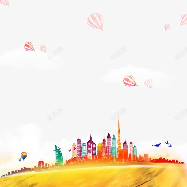 彩色手绘建筑psd免抠素材_新图网 https://ixintu.com 彩色楼房 手绘建筑 热气球 燕子