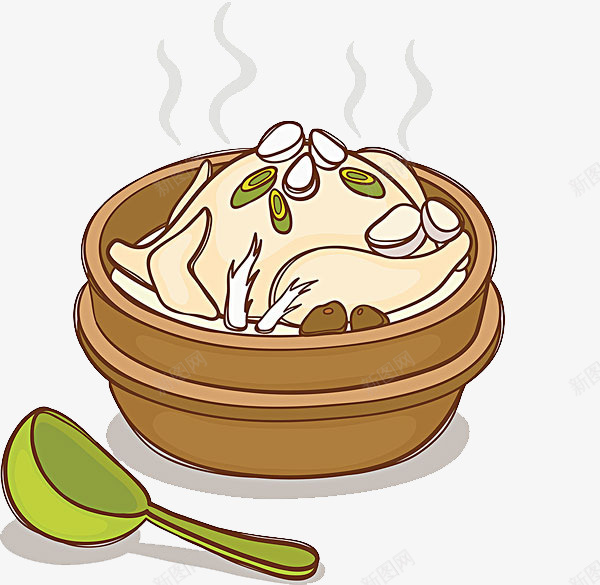 炖鸡汤简图png免抠素材_新图网 https://ixintu.com 一锅 勺子 卡通 手绘 棕色 白色 简图 绿色 鸡肉