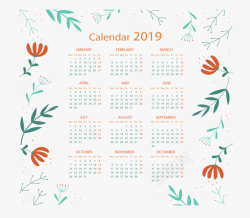 2019日历表树叶花朵日历模板高清图片