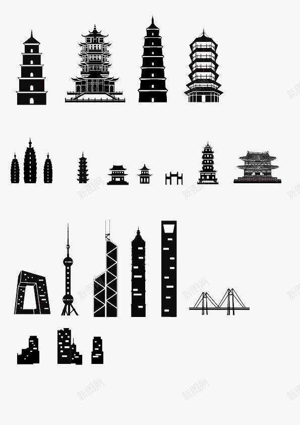 黑白中国建筑剪影png免抠素材_新图网 https://ixintu.com 古代 地标 建筑 标志性建筑物 现代 著名