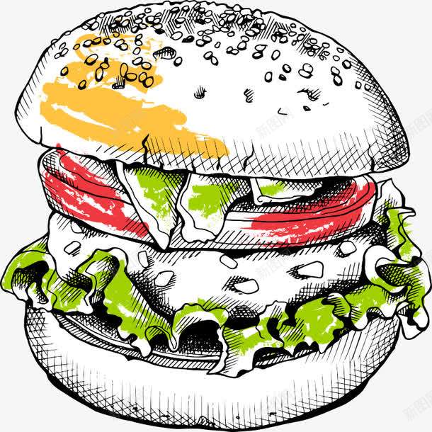 手绘汉堡png免抠素材_新图网 https://ixintu.com 三层汉堡 创意汉堡 汉堡包 美食 菜叶 食物