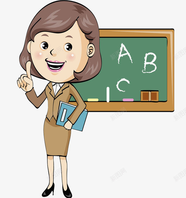 漂亮的老师png免抠素材_新图网 https://ixintu.com 书本 卡通 女人 字母 老师 蓝色的 高兴地 黑板