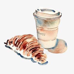 牛角面包和咖啡水彩画片素材