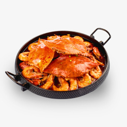 锅里的龙虾黑色锅里的蟹黄海鲜高清图片