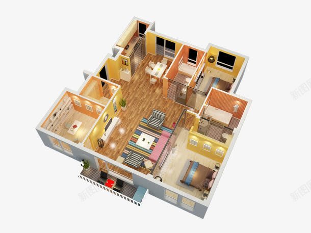 3D户型模型png免抠素材_新图网 https://ixintu.com 3D 3D户型图 卫生间 室内效果图 展示模型 床 户型图模板下载 户型图素材 沙发 电视 背景墙 餐厅