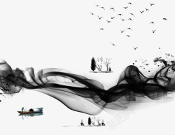 江中扁舟水墨丝带中国风装饰图案高清图片