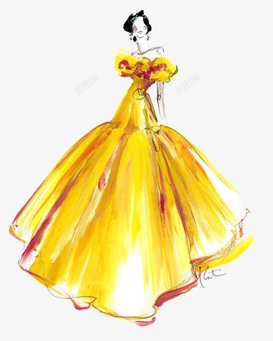 黄色礼服裙png免抠素材_新图网 https://ixintu.com 卡通 女生 女裙 手绘 插画 时尚 礼服 线条 裙子