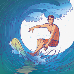 手绘蓝色方格吸热板冲浪的男人矢量图高清图片