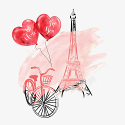 巴黎浪漫自行车桃心水彩彩绘巴黎铁搭高清图片
