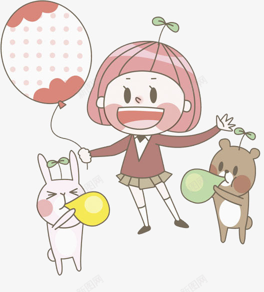 女孩和宠物一起吹气球png免抠素材_新图网 https://ixintu.com 兔子 卡通 女孩 嫩芽 小熊 开心 手绘 气球 高兴