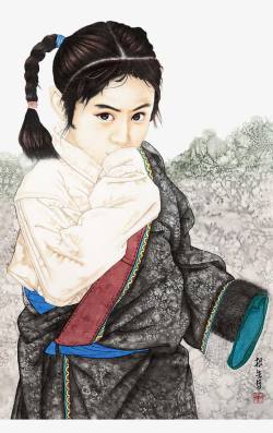 手绘藏族少女素材