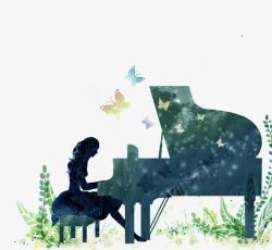 森林里弹钢琴的少女矢量图素材