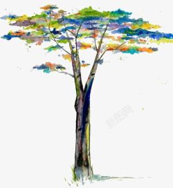 彩色叶片水彩大树高清图片