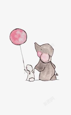 手绘小象小象与小兔子玩气球高清图片