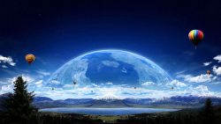 星球热气球湖面星球热气球海报背景高清图片